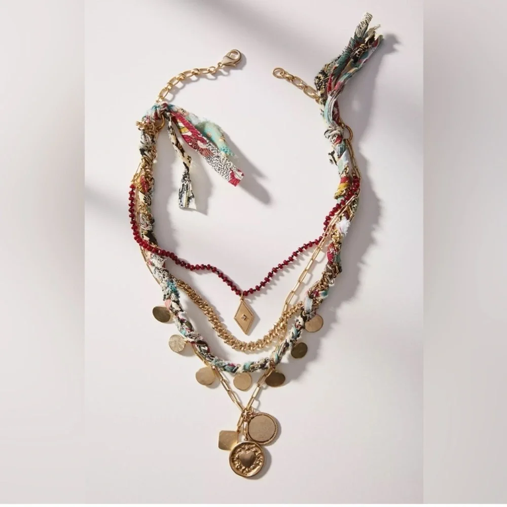 New Anthropologie Aspen Stone Layered Necklace Gold Charm Textile - Picture 1 of 9